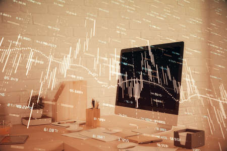 Double exposure of stock market graph drawing and office interior background. Concept of financial analysis.の写真素材