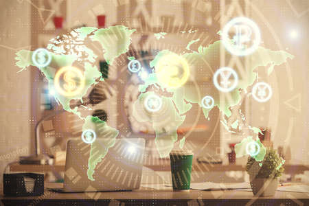 Double exposure of stock market graph drawing and office interior background. Concept of financial...