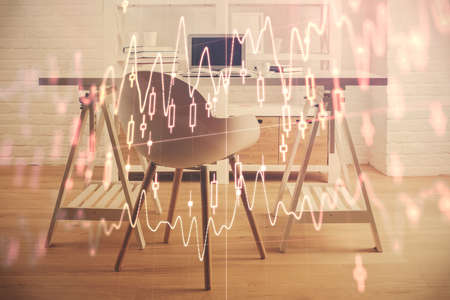 Multi exposure of financial graph drawing and office interior background. Concept of market analysis.の写真素材