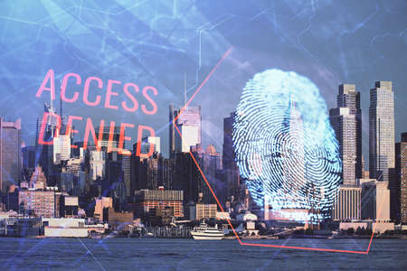 Double exposure of finger print hologram and cityscape background. Concept of personal security.