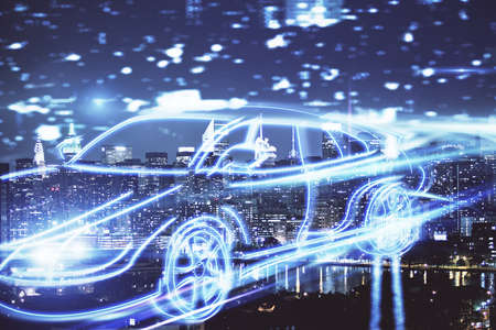 Double exposure of transport theme hologram drawing and city view background. Concept autopilot.の写真素材