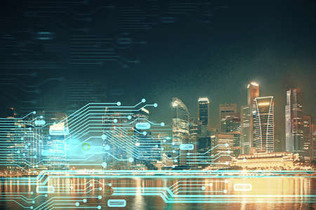 Data theme hologram drawing on city view with skyscrapers background multi exposure. Ai concept.の写真素材