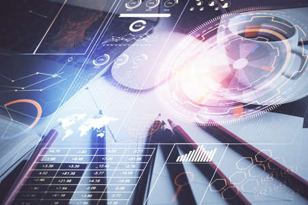Double exposure of desktop with computer on background and tech theme drawing. Concept of big data.