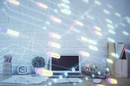 Multi exposure of desktop with personal computer and tech theme drawing. Concept of Bigdata.