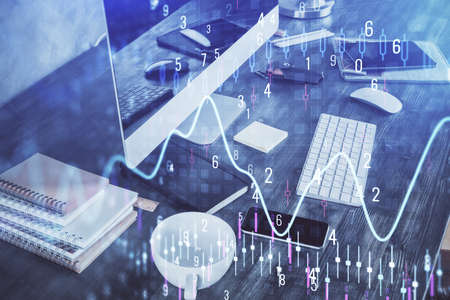 Multi exposure of forex graph and work space with computer. Concept of international online trading.