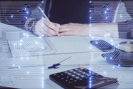 Close up of human hands background and abstract innovative technologies for industries. Multi...