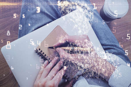 Close up of human hands background and abstract innovative technologies for industries. Multi exposure.の写真素材