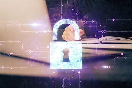 Human's hands with cyber security theme multi exposure background drawings. Concept of online...