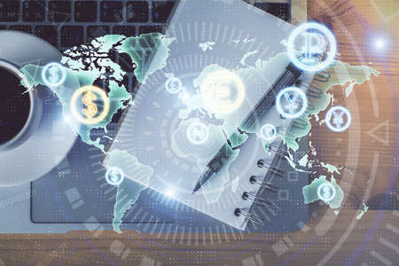 Multi exposure of forex chart drawing and work table top veiw. Concept of financial analysis.