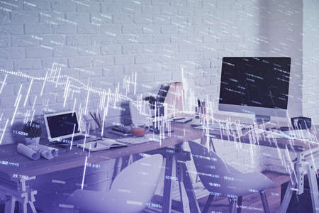 Multi exposure of stock market chart drawing and office interior background. Concept of financial...