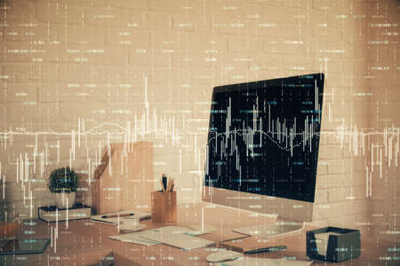 Double exposure of stock market graph drawing and office interior background. Concept of financial...