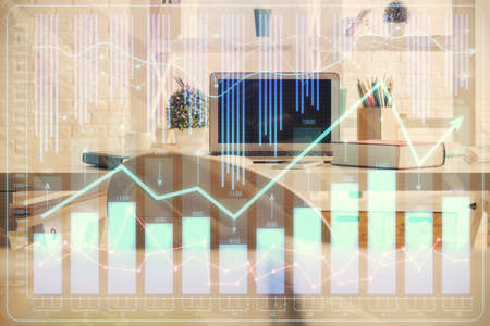 Double exposure of financial graph drawing and office interior background. Concept of stock market.