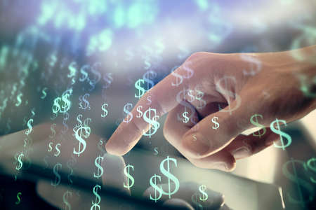 Multi exposure of man's hands holding and using a phone and financial chart drawing. Market analysis concept.の写真素材