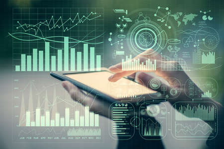 Double exposure of forex chart sketch hologram and woman holding and using a mobile device....