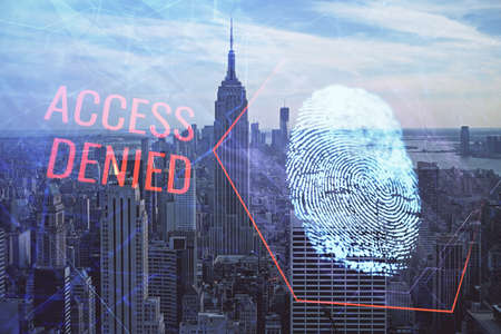 Double exposure of finger print hologram and cityscape background. Concept of personal security.