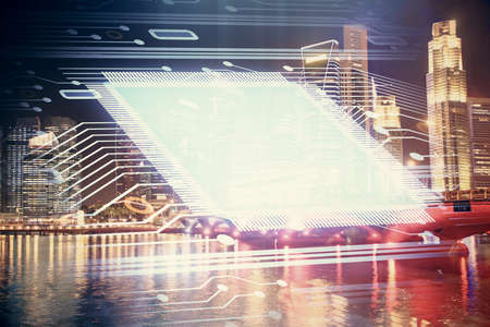 Data theme hologram drawing on city view with skyscrapers background multi exposure. Ai concept.