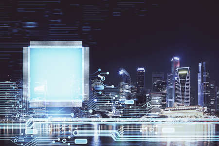 Data theme hologram drawing on city view with skyscrapers background multi exposure. Ai concept.