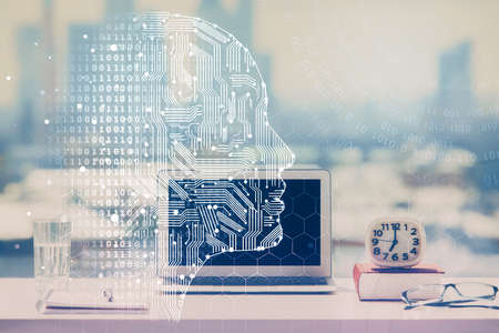 Double exposure of desktop with computer and brain drawing hologram. Artificial intelligence concept.の写真素材