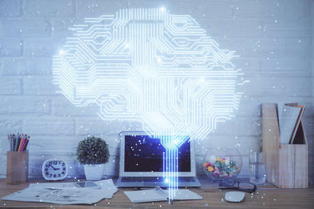Double exposure of work space with computer and human brain drawing hologram. Brainstorm concept.の写真素材