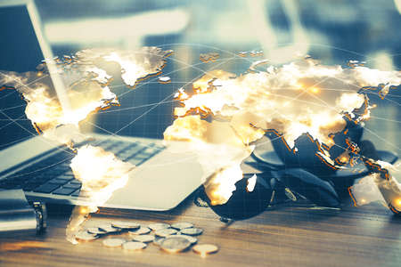 Multi exposure of business theme icons and work space with computer background. Concept of success.