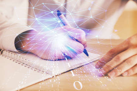 Writing man's hands background with technology drawings. Double exposure. Concept of innovation.