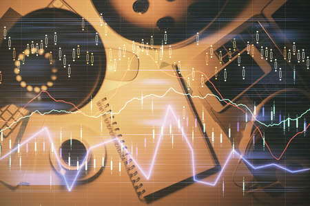 Multi exposure of forex chart drawing and work table top veiw. Concept of financial analysis.