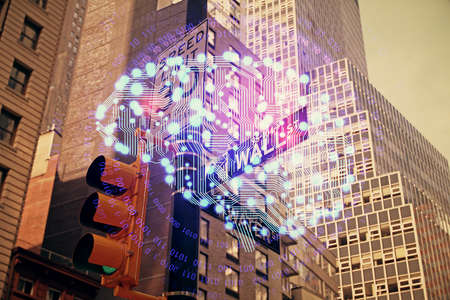 Brain hologram drawing on cityscape background multi exposure. Ai in modern city concept.
