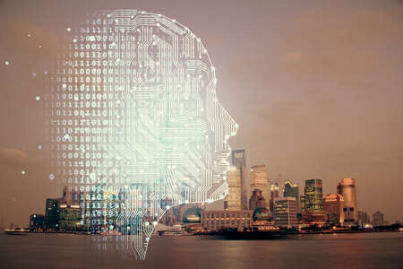 Brain hologram drawing on city scape background Double exposure. Brainstorming concept.の写真素材