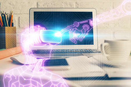 Computer on desktop with AR theme icon. Multi exposure. Concept of augmented reality.