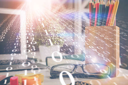 Data tech hologram with glasses on the table background. Concept of technology. Double exposure.