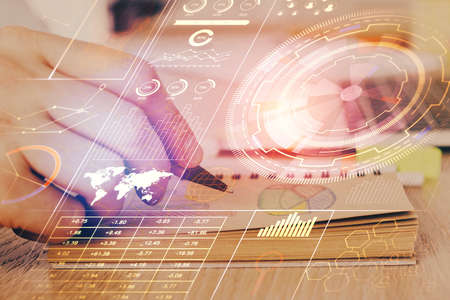 Humans hands with technology theme double exposure icons. Concept of big data.