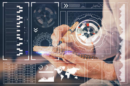 Humans hands with tech theme double exposure icons. Concept of big data.