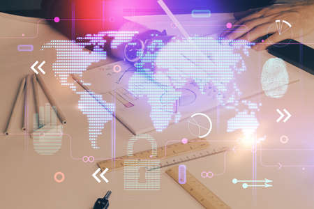 Mans hands with international data global network topic double exposure icon. Concept of...