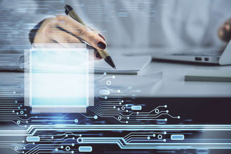 Multi exposure of womans writing hand on background with data technology hologram. Concept of...