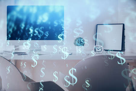 Multi exposure of stock market chart drawing and office interior background. Concept of financial analysis.の写真素材