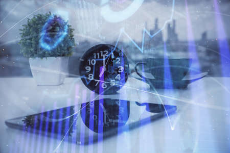Double exposure of forex graph drawing and cell phone background. Concept of financial data analysis