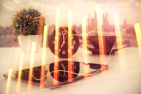 Double exposure of forex graph drawing and cell phone background. Concept of financial data analysis