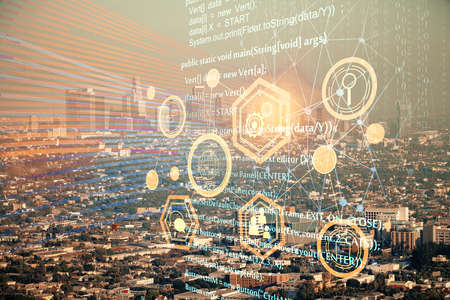 Data theme hologram drawing on city view with skyscrapers background double exposure. Technology...