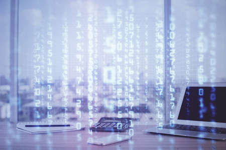 Double exposure of desktop computer and technology theme hologram. Concept of software development.