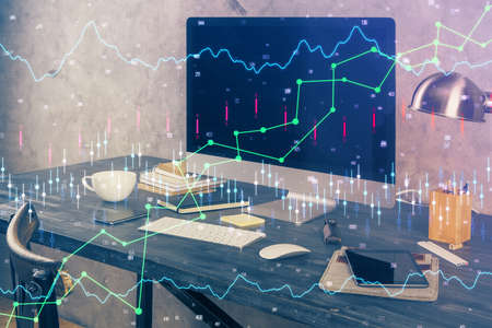 Multi exposure of forex graph and work space with computer. Concept of international online trading.の写真素材