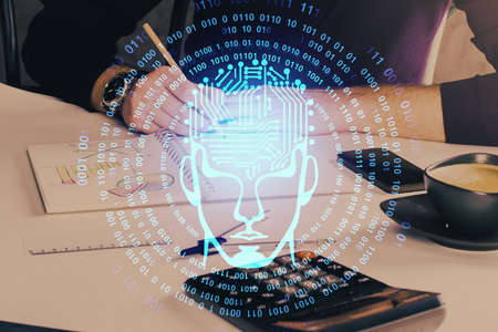 Haman brain multi exposure icon with man hands background. Concept of Ai.