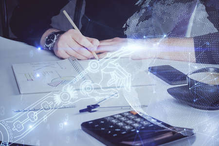 Close up of human hands background and abstract innovative technologies for industries. Multi...