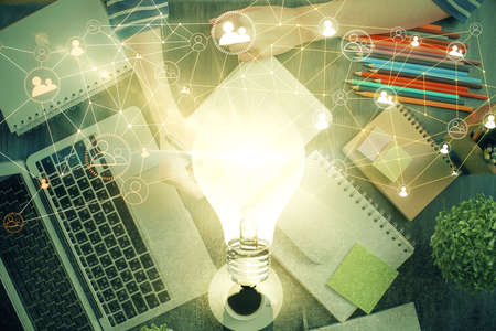 Social network theme hologram over womans hands writing background. Concept of international people...