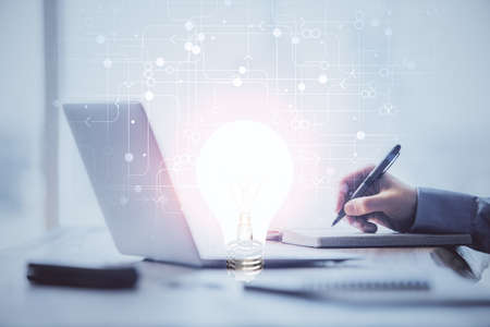 Growing arrows with businessman working on computer on background. Success concept. Double exposure.の写真素材