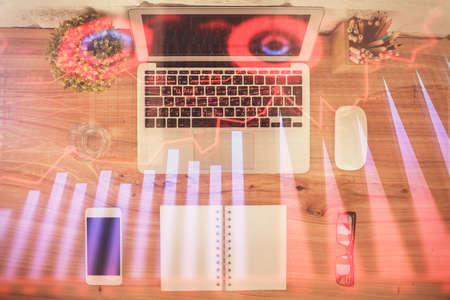 Multi exposure of financial chart drawing over table background with computer. Concept of research....