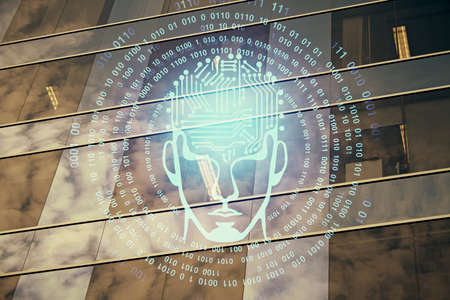 Brain hologram drawing on city scape background Double exposure. Brainstorming concept.の写真素材