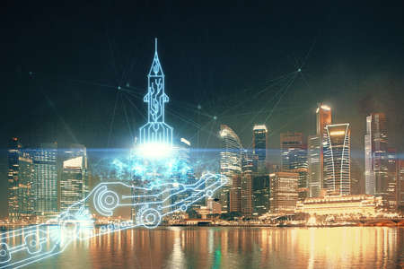 Double exposure of start up theme drawings over cityscape background. Concept of success.の写真素材