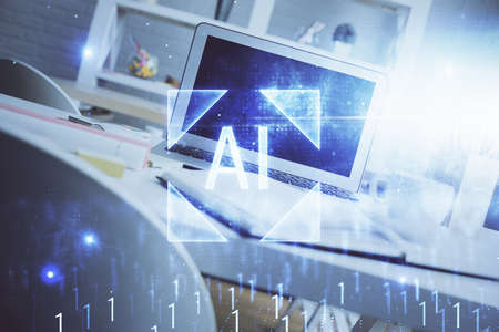Double exposure of desktop with personal computer on background and tech theme drawing. Concept of Bigdata.の写真素材