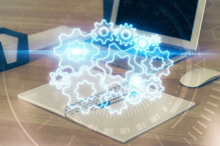 Multi exposure of business theme icons and work space with computer background. Concept of success.