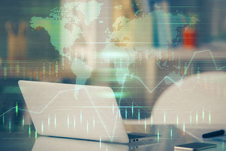 Multi exposure of forex graph and work space with computer. Concept of international online trading.